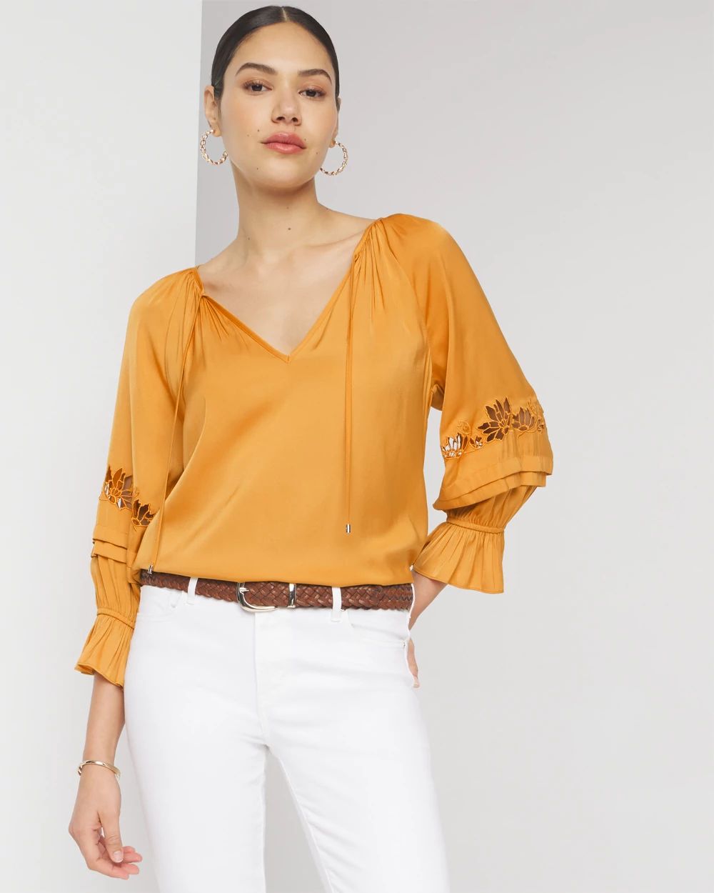 Elbow-Sleeve Embroidered Detail Blouse | White House Black